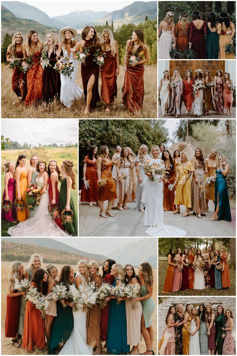 Autumn Mismatched Bridesmaids, Terracotta Wedding Bridesmaid Dresses Mismatched, Fall Bridesmaid Palette, Rust Themed Wedding Bridesmaid Dress, Different Color Fall Bridesmaid Dresses, Mixed Fall Color Bridesmaid Dresses, Teal And Rust Wedding Bridesmaid Dresses, Mismatched Fall Bridesmaids, Burnt Orange And Blue Bridesmaid Dresses