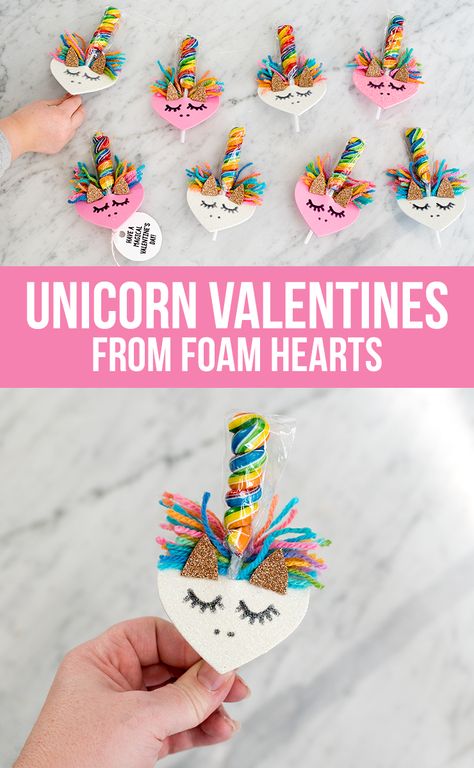 Make DIY Unicorn Valentines from Foam Hearts | The DIY Mommy Saint Valentin Diy, Unicorn Craft, Diy Unicorn, Valentinstag Party, Unicorn Valentine, Class Valentines, Valentine's Day Crafts For Kids, Valentine Gifts For Kids, Preschool Valentines