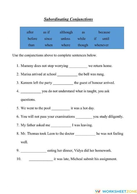 Use subordinating conjunctions to complete sentences. Download the PDF file and try the interactive worksheet at the link above! #worksheet #worksheetsforkids #esl #englishlearning #homeschooling #printablesforkids Conjunctions Worksheet, Third Grade Worksheets, Creative Writing Worksheets, Common App Essay, Subordinating Conjunctions, English Grammar Book, Writing Topics, The Worksheet, English Grammar Worksheets