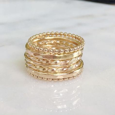 Stackable Ring Sets, Gold Rings Stackable, Christmas Gifts For Wife, Hammered Band, Gold Ring Sets, Wide Rings, 7 Rings, Holiday Jewelry, Ring Sizes