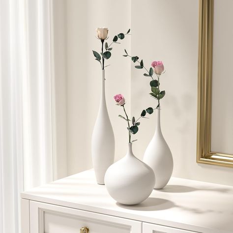 Relexome White Ceramic Vase Modern Boho Wabi-Sabi Flower Vase Set of 3 Decorative Aesthetic Vases for Centerpieces Pampas Matte Minimalist Vase for Living Aesthetic Vases, Wabi Sabi Vase, Vase For Living Room, Vases For Centerpieces, Shelf Home Decor, Minimalist Vase, White Ceramic Vase, Vase Modern, Wardrobe Interior Design