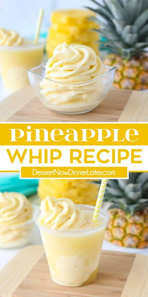 This Pineapple Whip (aka Dole Whip) is a Disney copycat recipe. With only 4 ingredients and a blender, you can make this easy pineapple soft-serve at home! Dole Whip Disney Recipe, Peppermint Dip, Pineapple Sorbet Recipe, Pineapple Whip Recipe, Hawaiian Dessert, Dole Pineapple Whip, Tv Snacks, Fruit Whip, Pineapple Soft Serve