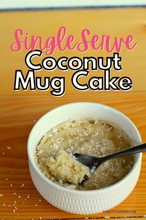 Single Serve Coconut Mug Cake. This mug cake is light and fluffy, and nice treat you won't feel guilty about enjoying. #singleservedessert #dessertforone Healthy Dessert For One, Coconut Mug Cake, Easy Single Serve Desserts, Banana Coconut Cake, Pudding In A Mug, Dessert For One, Cookie Dough For One, Mug Cake Healthy, Easy Mug Cake