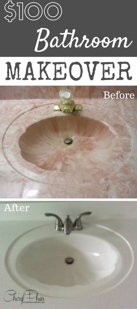 Repaint your sink! Read how $100 in paint transformed this ugly pink 80s bathroom into modern. An easy weekend DIY painting project and makeover for your home. Cheryl Phan @ ArtzyFartzy Creations Vanity Makeover, Bathroom Vanity Makeover, Painting Countertops, Home Remodeling Diy, Bathroom Counters, Up House, Apartment Bathroom, Bathroom Countertops, Trendy Bathroom