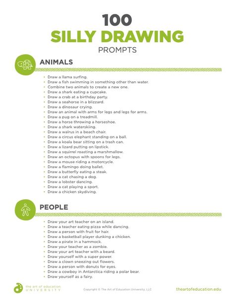 100 Silly Drawing Prompts to Engage Your Students - The Art of Education University Funny Drawing Prompts, Silly Drawing Prompts, Art Sketchbook Prompts, Art Prompts Challenges, Silly Drawing Ideas, Drawing Prompt Generator, Drawing Prompts For Kids, Doodle Prompts, Sketch Prompts