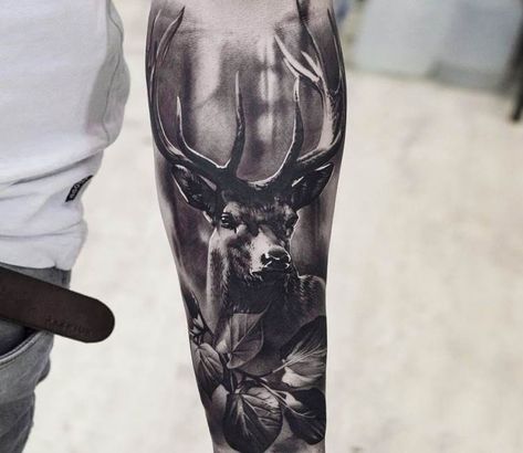 15+ Realistic Deer Tattoo Ideas Deer Arm Tattoo, Deer Tattoo Men, Deer Tattoo Design, Stag Tattoo Design, Deer Hunting Tattoos, Antler Tattoos, Elk Tattoo, Moose Tattoo, Deer Tattoo Designs