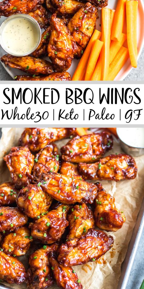 These smoked BBQ wings are easy, don't take very long, and totally delicious! They also only require a few ingredients, and are Whole30, Paleo, gluten-free and keto. Unlike meats when cooked on a smoker, wings are straightforward and not very fussy. These wings are perfectly juicy, have a great smoky flavor and great for any gathering! #whole30chickenwings #smokedchicken #paleochicken #ketochicken #ketosmokerrecipes Smoker Wings, Smoked Recipes, Smoked Bbq, Smoked Chicken Wings, Paleo Meat Recipes, Easy Whole 30 Recipes, Bbq Wings, Whole30 Dinners, Whole30 Recipes