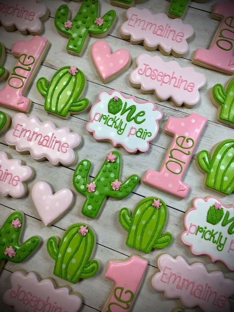 Prickly Pear Cupcakes, Twin Girl First Birthday Theme, Cactus Themed First Birthday Party, One Prickly Pair Smash Cake, First Birthday Twin Girls Theme, Twin First Birthday Themes, One Prickly Pair Birthday Theme Twins, One Prickly Pair Birthday Theme, Prickly Pear Birthday Theme