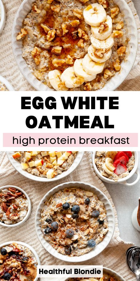 This egg white oatmeal recipe is a high protein breakfast that feels cozy and comforting! It's fluffy and delicious, with six delicious oatmeal flavors to try. This quick, healthy, gluten free breakfast is made in just 5 minutes - no added sugar or protein powder is needed! Easy Egg White Breakfast, Oats And Eggs Recipes, Oats And Eggs Breakfast, Sweet Egg White Recipes, High Protein Oatmeal Breakfast, Egg White Powder Recipes, Egg White Recipes Breakfast, Egg White Recipes Healthy, Oatmeal Egg Whites