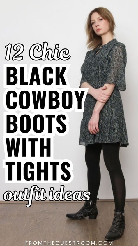 Cowboy Boots Outfit Leggings, Black Dress Cowboy Boots Outfit, Style Black Cowboy Boots, Black Dress And Cowboy Boots, How To Style Cowgirl Boots, Ankle Cowboy Boots Outfit, Cowboy Outfits For Women, Dress And Cowboy Boots Outfit, Short Cowboy Boots