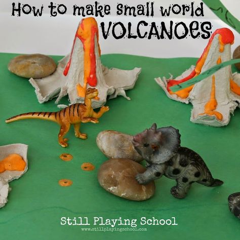 How to make homemade small world volcanoes from Still Playing School Egg Carton Dinosaur, Dinosaurs Activities, Dinosaurs Eyfs, Dinosaur Stomp, Classroom Structure, Dinosaur Crafts Kids, Egg Activities, Dinosaur Small World, Dinosaur Ideas