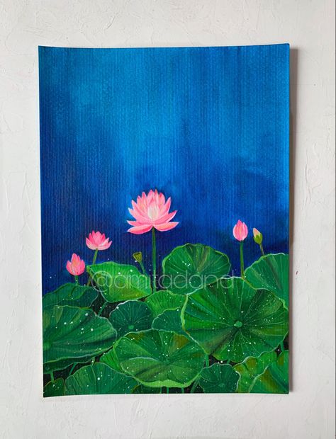 Acrylic painting on A4 size paper. Available for sale. Contact me for more details Amita Dand, Painting Lotus, Lotus Flower Painting, Lotus Bud, Lotus Flower Pictures, Pond Painting, Naive Painting, Lotus Painting, Acrylic Art Projects