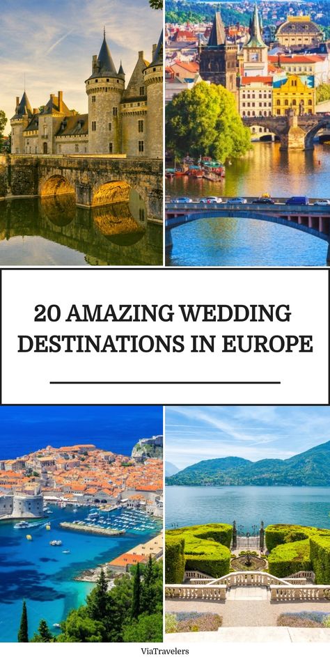 Four picturesque destinations with the text "20 Amazing Wedding Destinations in Europe". Romantic European Wedding Aesthetic, Europe Wedding Venues, Elope Europe, Weddings Abroad Ideas, European Wedding Venues, European Wedding Venue, European Elopement, Unique Wedding Locations, Best Wedding Destinations