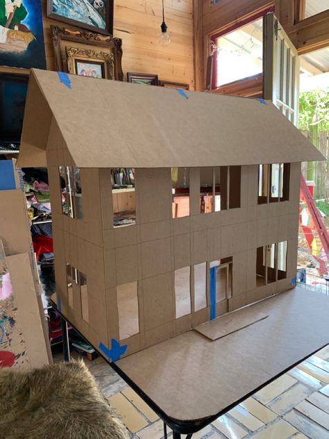 Diy Doll House Cardboard Easy, Making A Doll House Out Of Cardboard, Dollhouse Made Of Cardboard, Diy Foamboard Dollhouse, Diy Doll Room Cardboard Boxes, White Doll House, 100 Year Old Home, Cardboard Cat House, Cardboard Dollhouse