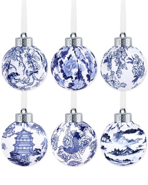 PRICES MAY VARY. Blue and White Chinoiserie Original Design - Set of 6 Blue Chinoiserie Ornaments you will receive. Designed with many kinds of Chinese-style patterns like pagodas, birds, peonies, rivers, and mountains. This wonderful fusion of Chinoiserie and Christmas embodies the profound cultural exchange. Premium Plastic Shatter Proof Material - Made of quality foam and covered in festive and stylish polyester fabric. All fabric balls are rotary cut and wound tightly around a foam ball. Due Blue Chinoiserie Decor, Blue And White Christmas Tree, Blue Willow Decor, Chinoiserie Ornaments, Blue And White Christmas, Decorative Bowl Filler, Blue Ornaments, Chinoiserie Christmas, Fabric Balls