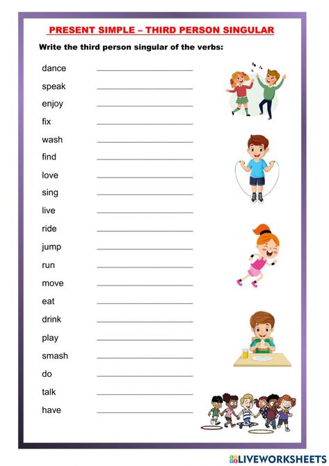 Third Person Singular Worksheets, Simple Present Tense, The Third Person, English As A Second Language (esl), English As A Second Language, English Study, Worksheets For Kids, Teaching English, Singing