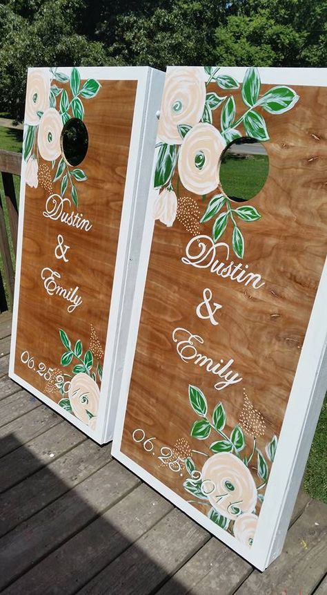 Painted Cornhole Boards, Wedding Cornhole Boards, Wedding Cornhole, Diy Cornhole Boards, Cornhole Boards Designs, Budget Weddings, Cornhole Designs, Backyard Parties, Custom Cornhole Boards