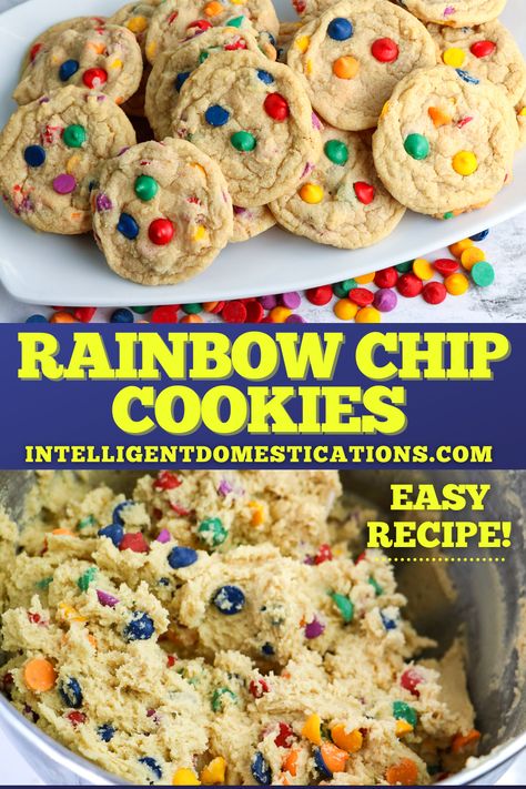 How to make soft and chewy Rainbow Chip Cookies from scratch. This cookie dough can be frozen to bake later. #cookierecipe #cookies #rainbowfood Rainbow Baking, Cookies From Scratch, Rainbow Cookies, Cookie Recipes Homemade, Chip Cookie Recipe, Rainbow Food, Chocolate Sweets, Candy Recipes Homemade, Drop Cookies