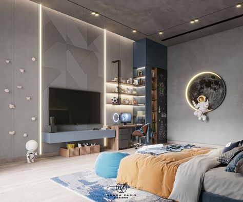 Luxury Kids Bedroom Boy, Boys Bed Room, Modern Feminine Bedroom, Feminine Bedroom, Boy Bedroom Design, Modern Bedroom Interior, Teen Boy Bedroom, Space Style, Kids Bedroom Design