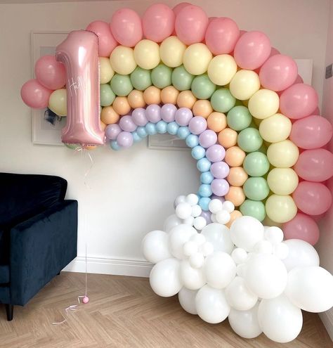 First Birthday Balloon Decorations, Birthday Rainbow Theme Decoration, Girl Cocomelon Party, Cocomelon Party Decorations, Rainbow 1st Birthday Party, Rainbow Balloon Garland, Time Budget, Rainbow Balloon Arch, Rainbow Themed Birthday Party