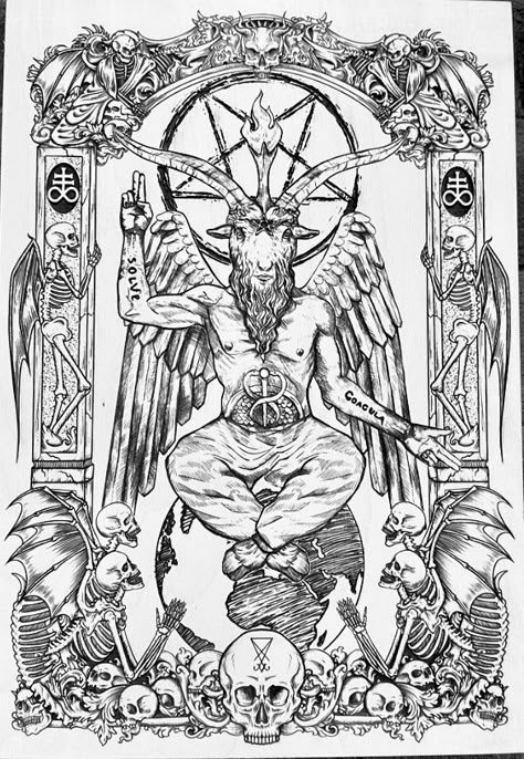 Biblical Demon Art, Baphomet Back Tattoo, Baphomet Sketch, Satanic Coloring Pages, Satanic Drawings, Baphomet Tattoo Design, Evil King, Baphomet Art, Satanic Tattoo