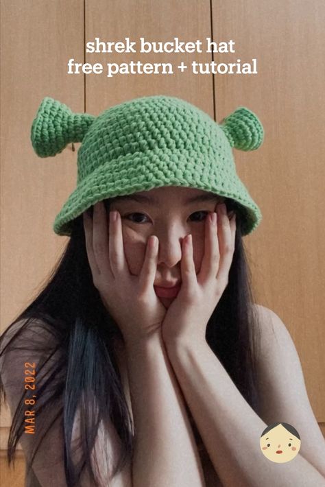 how to crochet a shrek bucket hat beginner friendly step by step tutorial easy halloween costume Shrek Crochet Hat Free Pattern, Shrek Beanie Crochet Pattern, Shrek Crochet Bucket Hat, Crochet Shrek Bucket Hat Pattern Free, Shrek Bucket Hat Crochet Pattern, Shrek Headphones Crochet, Cute Crochet Bucket Hat Ideas, Diy Crochet Halloween Costume, Easy Crochet Halloween Costumes