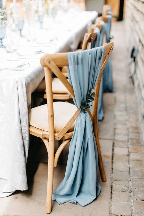 Dusty Blue Wedding Theme Rustic, Dusty Blue Wedding Chair Decor, Rustic Wedding Chair Decor, Blue Decorations Wedding, Blue Rustic Wedding Decor, Wedding Decor Chairs, Dusty Blue Rustic Wedding, Wedding Blue Theme, Wedding Decorations Blue