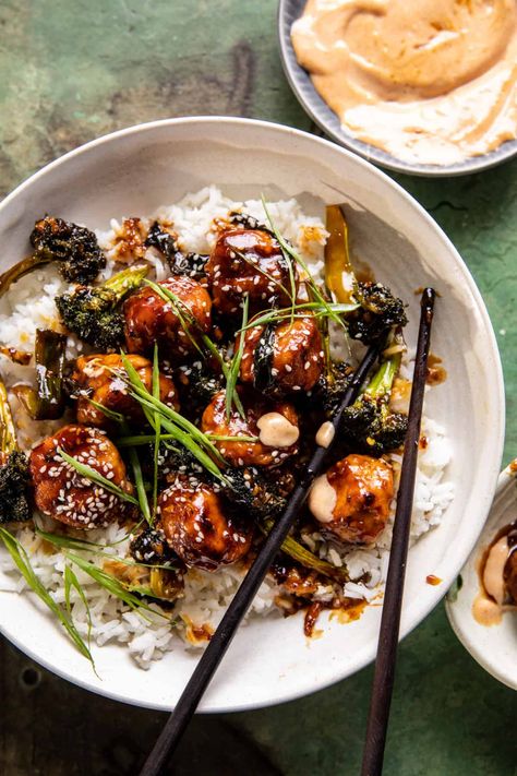 Weeknight Sticky Honey Garlic Meatballs | halfbakedharvest.com Sticky Honey Garlic Meatballs, Orange Chicken And Broccoli, Bowl Dinners, Meal Bowls, Honey Garlic Meatballs, Gluten Free Dinner Recipes, Garlic Meatballs, Half Baked Harvest Recipes, Mongolian Beef Recipes