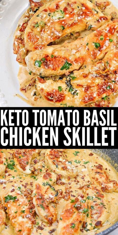 Keto Tomato Basil Chicken Skillet - The full-bodies tomato basil cream sauce will make this keto chicken skillet meal your favorite dinner so far! Ready in 45 minutes! #keto #ketodiet #ketorecipes #ketotomatobasilchikckenskillet #tomatobasilchicken #chicken #chickendinner #dinnerideas #dinner #ketocreamsauce #food #recipes Keto Basil Chicken, Keto Recipe With Chicken, Chicken No Cheese Recipes, Keto Basil Pesto Chicken, Keto Healthy Dinner Recipes, Keto Sun Dried Tomato Chicken, Keto Recipes With Tomato Sauce, Easy Weeknight Dinners Keto, Keyo Dinners