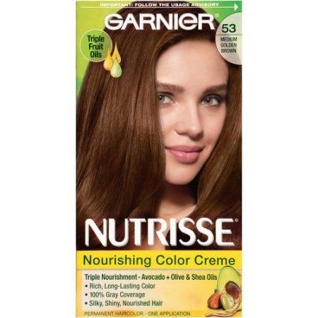 Garnier Nutrisse Nourishing Color Creme Hair Color, 53 Medium Golden Brown (Chestnut), Gold Garnier Hair Color, Medium Brown Hair Color, Hair Color Brown Chestnut, Medium Golden Brown, Golden Brown Hair, Hair Color Chart, Hair Care Brands, Hair Rinse, Creme Color