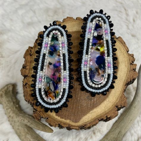 Beaded Earrings Handmade. Native American Style. Acrylic Cabochon Centers, Rhinestone Banding, Seed Beads, And Rondelle Edging. Faux Leather Backing With Silver Fingernail Posts To Hold It Nicely To The Ear. Measurements In Photos. Comes In Gift Box For Easy Gifting Or For Storing. Made In Montana. Beaded Earring Edging, Beaded Earrings Native Beadwork, Native Beaded Earrings, Beaded Earrings Native, Beading Inspiration, Beadwork Designs, Native Beadwork, Native Design, Handmade Earrings Beaded