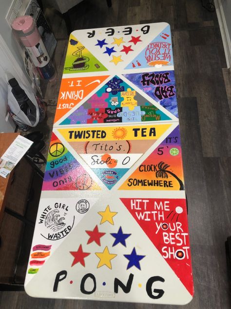 Painted beer pong table Beer Pong Table Painted Twisted Tea, Painted Pong Table Ideas Girl, Twisted Tea Pong Table, Cup Pong Tables Painted Ideas, Beer Pong Table Painted Ideas, Diy Beer Pong Table Paint Ideas, Diy Beer Pong Table Designs, Cup Pong Tables Painted, Pong Table Painted