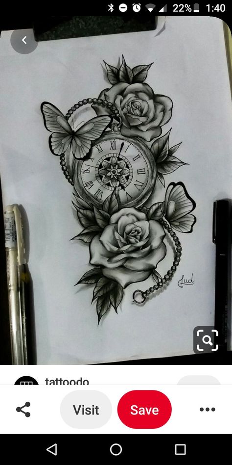 Pocket Watch Tattoo Design, Clock Tattoo Sleeve, Clock And Rose Tattoo, Watch Tattoo Design, Rose And Butterfly Tattoo, Pocket Watch Tattoos, Mom Tattoo Designs, Clock Tattoo Design, Tattoos For Women Half Sleeve