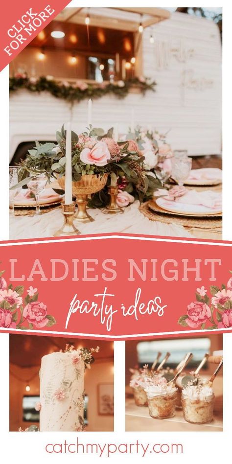 Take a look at this beautiful boho ladies night! The party decorations are so impressive! See more party ideas and share yours at CatchMyParty.com Girls Dinner Party Ladies Night, Ladies Party Ideas, Ladies Night Ideas Themes, Boho Chic Party, Ladies Night Party, Night Picnic, Rustic Party, Dinner Party Summer, Ministry Ideas