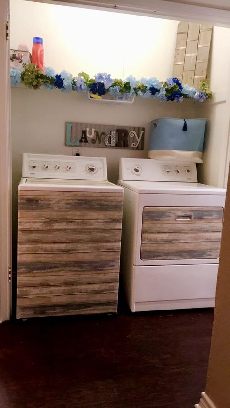 Washer And Dryer Contact Paper, Peel And Stick Washer And Dryer, Contact Paper On Washer And Dryer, Contact Paper Washer And Dryer, Painted Washer Dryer, Hidden Laundry Rooms, Wood Contact Paper, Sage House, Retro Cottage