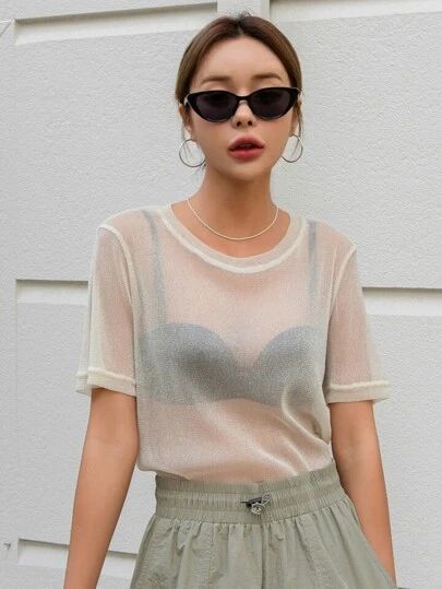 Sheer Top Streetwear, Semi Sheer Tshirt, Sheer T Shirt, Sheer White Top Outfit, Sheer Layering Top, Mesh Top Under Shirt Outfit, White Mesh Top Outfit, Transparent Top Outfit, Sheer Long Sleeve Top Outfit