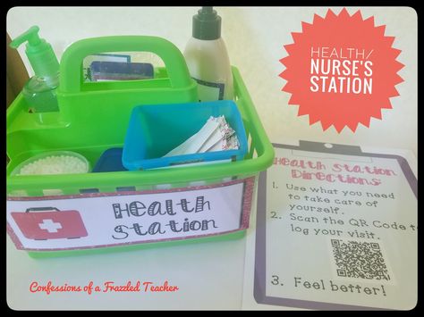 Classroom teaching tips, ideas, and more to keep you from becoming a frazzled teacher! Classroom Nurse Station, Sanitation Station Classroom, Self Care Station Nurses Office, Classroom Self Care Station, Classroom First Aid Station, School Nurse Office Organization, School Nurse Organization, Hospital Nurse Station, School Nurse Elementary