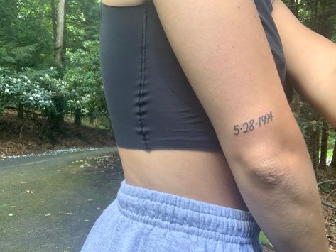 Birth Year Tattoo Back Of Arm, Back Of Arm Date Tattoo, Back Of Arm Tattoo Plus Size, Date Tattoo Placement, Front Of Arm Tattoo, Unique Tattoos Black Women, Front Shoulder Tattoos, Back Of Arm Tattoo, Small Tattoo Placement