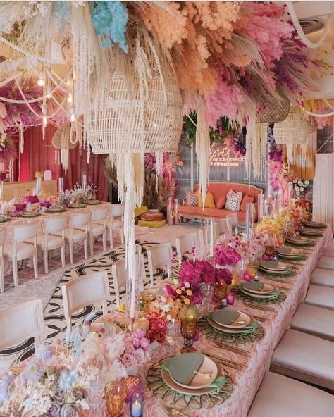 House Party Entrance Decoration, Classy Rainbow Wedding, Gold And Colorful Wedding, Boho Chic Engagement Party, Boho Rainbow Wedding, Polo Ideas, Everly Rose, Colorful Bride, Maximalist Wedding