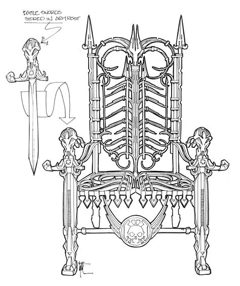 Evil Throne Concept by Eyth on DeviantArt Chair Art Reference, Evil Throne, Throne Design, Chair Art, Chair Drawing, Furniture Sketch, Throne Chair, Art Chair, Dungeons And Dragons Homebrew