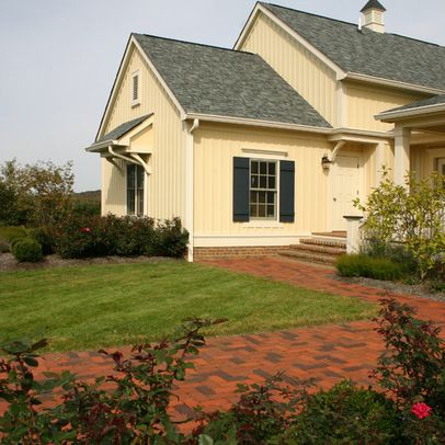 Cream Siding, Yellow Siding, Entry Farmhouse, Navy Shutters, Shutters Design, Farmhouse Brick, Farmhouse Exterior Paint Colors, Yellow House Exterior, Farmhouse Details