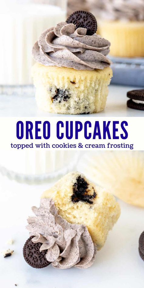 These Oreo cupcakes are the perfect recipe for anyone who loves cookies and cream! Tender, fluffy white cupcakes filled with cookie pieces and topped with the fluffiest, creamiest Oreo frosting. These rival anything from a fancy bakery - but are surprisingly simple to make. #oreo #cupcakes #oreofrosting #oreocupcakes #cookiesandcream #recipe from Just So Tasty Oreo Buttercream Frosting, Fancy Bakery, Oreo Cupcake Recipe, Recipes Cupcakes, Oreo Cupcake, Cookies And Cream Frosting, Moist Vanilla Cupcakes, Oreo Frosting, Cupcakes Filled