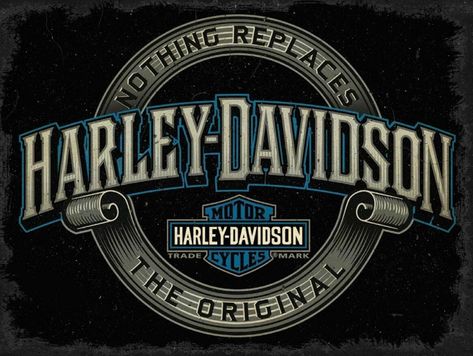 Mgs349 harley davidson motorcycles advertisement nothing replaces the original harley-davidson harley shield shaped logo black background bright blue, white & gray colors heavy duty metal advertising sign measures about 16" wide and 12" tall pre-drilled holes for easy hanging & display this item is made to order and will take an average of 4-5 weeks to be manufactured and then will be shipped to your location! made of heavy duty gauge american steel here in the usa with a process known as sublimation where the image is baked into a powder coating for a durable and long lasting finish! Vintage Harley Davidson Art, Logo Black Background, Harley Davidson Images, Harley Logo, Background Bright, Hanging Display, Harley Davidson Logo, Graphic Ideas, Harley Bikes