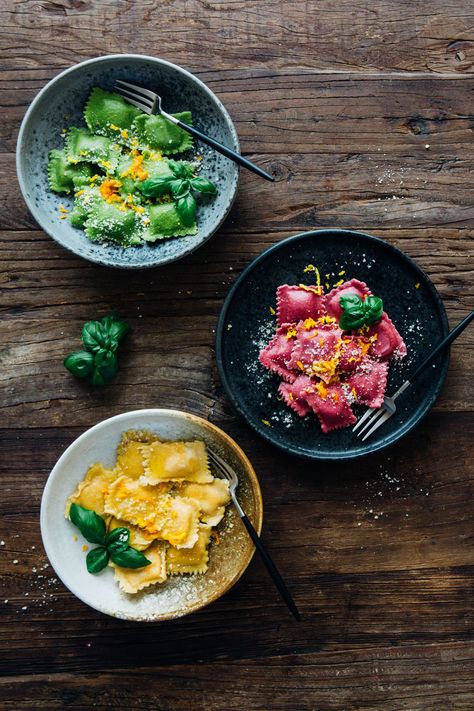 Homemade Beet, Butternut Squash, and Spinach Ravioli with Orange Butter Sauce with KitchenAid — Madeline Lu Beet Butternut Squash, Butternut Squash And Spinach, Butternut Squash Spinach, Orange Butter, Vegan Dumplings, Spinach Ravioli, Homemade Ravioli, Making Pasta, Pasta Dough