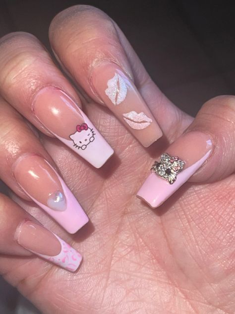 Hello kitty nails Hello Kitty Nails Easy, Fake Nails Hello Kitty, Nails Inspiration Dark, French Hello Kitty Nails, Uñas Hello Kitty, Hand Drawn Hello Kitty Nails, Hk Nails, Hello Kitty Nail File, Hello Kitty Nails Drawn On