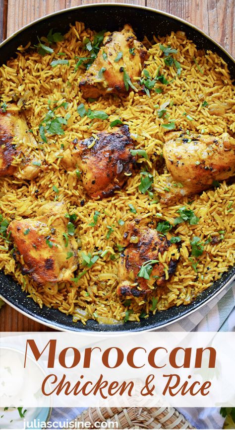 Moroccan Chicken & Rice North African Chicken And Rice, Tagine Chicken Recipes, Moracan Chicken Recipes, Moroccan Crockpot Recipes, Creative Chicken Dinners, International Rice Dishes, Moroccan Main Dish, Healthy Moroccan Recipes, Dinner Recipes For Birthday