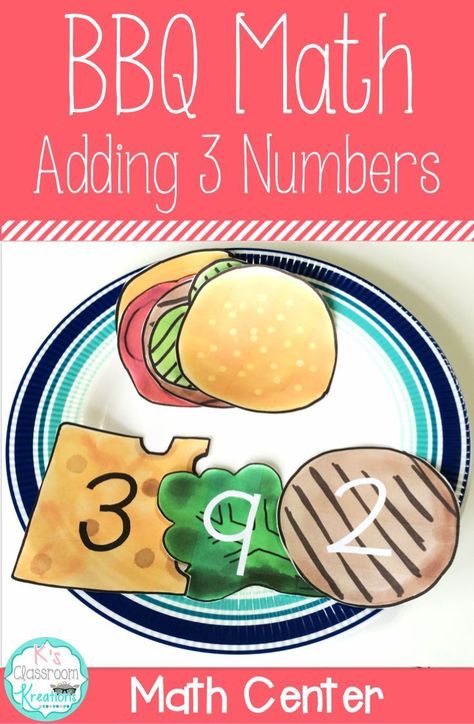 Add excitement and imagination when teaching first graders how to add 3 or more numbers! This fun burger themed math center is sure to get your kids having so much fun adding three numbers they forget they are learning. Students work to build "burgers" by Adding Three Numbers, Adding 3 Numbers, Addition Math Centers, Purposeful Play, Math Station, Cheese Burger, Math Notebooks, Summer Learning, Teaching Literacy