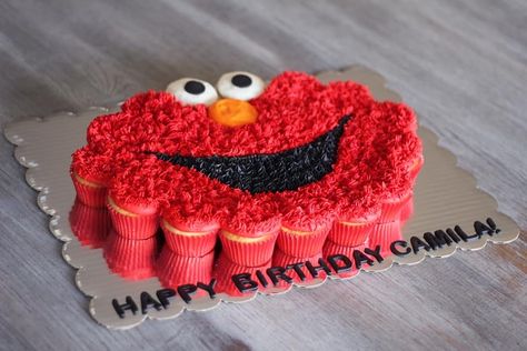 Elmo Cupcake Cake 2019 Elmo Cupcake Cake, Elmo Pull Apart Cupcake Cake, Diy Elmo Cupcakes, Elmo 2nd Birthday Cake, Elmo Sheet Cake, How To Make An Elmo Cake, Elmo Smash Cake, Sesame Street Birthday Cakes, Elmo Birthday Cake