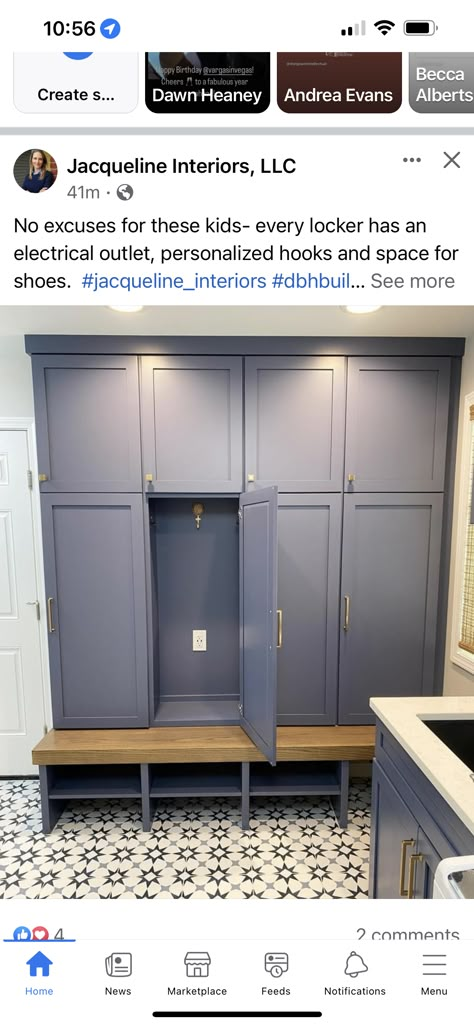 Locker In Laundry Room, Mudroom Lockers Small Space, Sports Mudroom, Small Mudroom Locker Ideas, Diy Mudroom Lockers With Doors, Mudroom Locker Plans, House Breezeway, Fantasy Estate, Mudroom Lockers With Doors