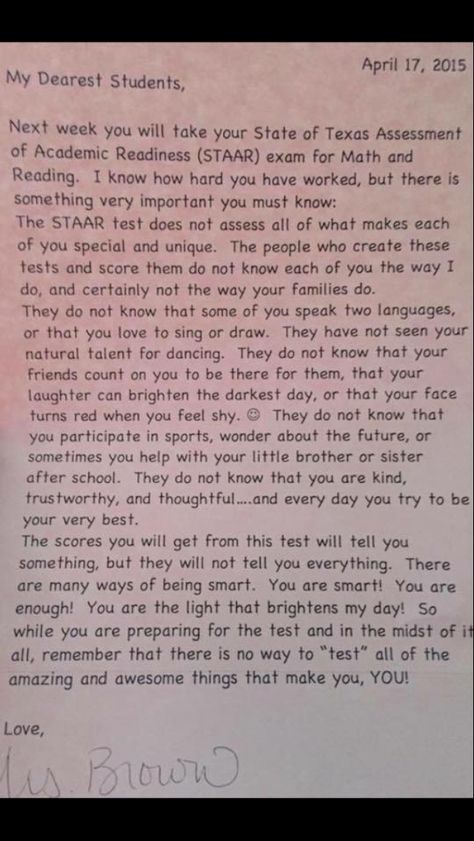 Letter to students before testing Letters To Students From Teacher, Teacher To Student Quotes, Letter To Students From Teacher, Teacher Letters, Testing Treats, Testing Encouragement, Teacher Communication, Letter To Students, Educational Philosophy